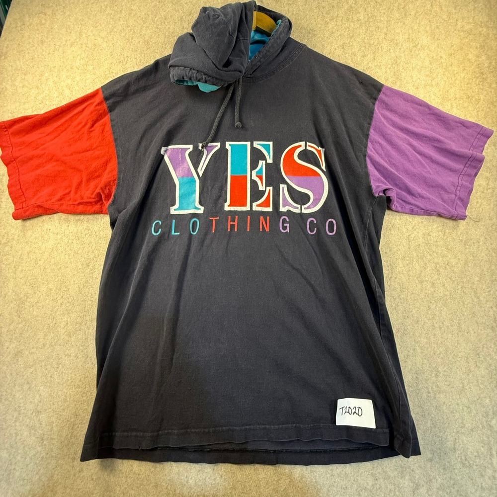 Vintage YES Clothing Co Colorblock Hooded T-Shirt Mens Black Red Purple 90s‎
